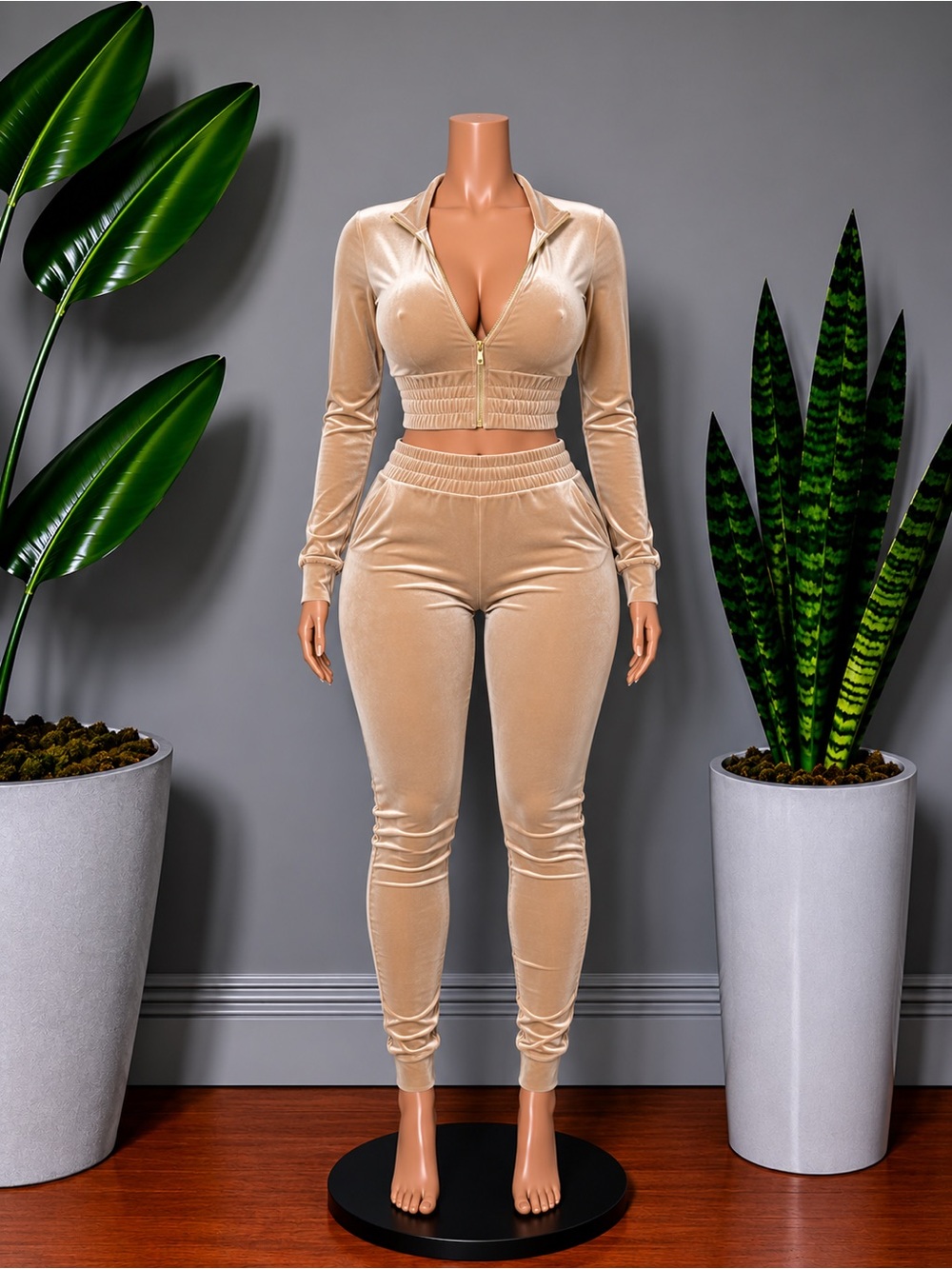 Women's Camel Velour High-Waist Jogger Set